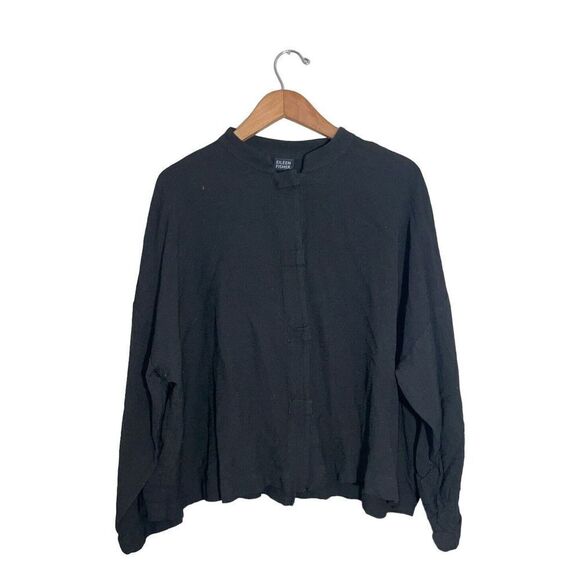 Eileen Fisher Mandarin Top Women’s Large Hidden Buttons Textured Boxy J699 Black - Picture 1 of 7